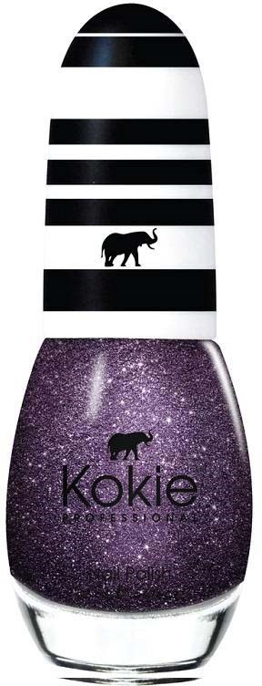 Eine Nagellackflasche mit glitzerndem lila Farbton und einer schwarzen Elefantenkontur.