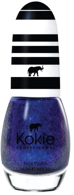 Der Nagellackflasche ist lila mit einem schwarzen Elefantenlogo und einem schwarz-weißen gestreiften Deckel.