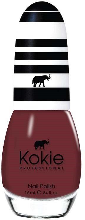 Ein Nagellackflasche mit schwarz-weißer Streifenmütze und rotem Körper mit schwarzem Text und Elefantenlogo.