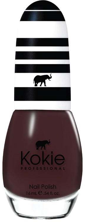 Ein Nagellackflasche mit schwarz-weiß gestreiftem Deckel und einem kleinen Elefantenlogo, beschriftet "Kokie PROFESSIONAL".