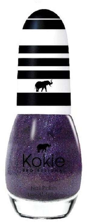Eine Flasche lila Nagellack mit schwarzen Streifen und einem kleinen Elefantenlogo. Der Deckel hat schwarze und weiße Streifen.