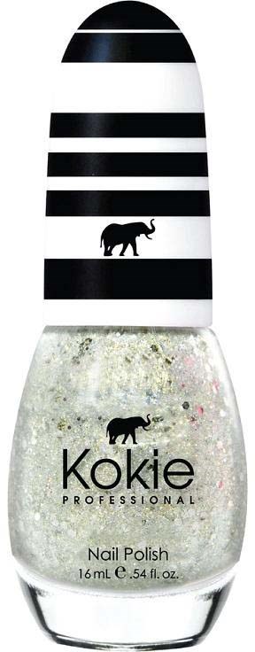 Ein Nagellackflasche mit schwarz-weiß gestreiftem Deckel und einem kleinen Elefantenlogo auf dem Etikett.