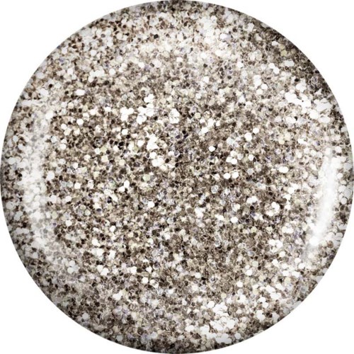 Nahaufnahme einer kreisförmigen Oberfläche, bedeckt mit Silber- und weißen Glitzerpartikeln.