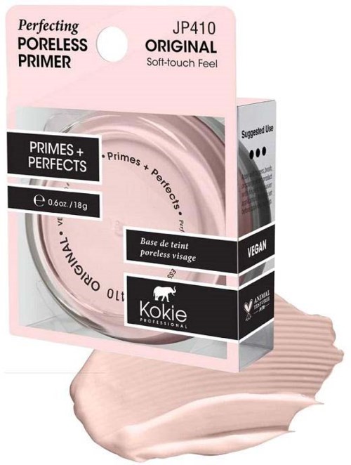 Rosa emballasje for en poreless primer med svart og hvit tekst, viser produktnavnet og vegan-merket, og en virvel av primer.