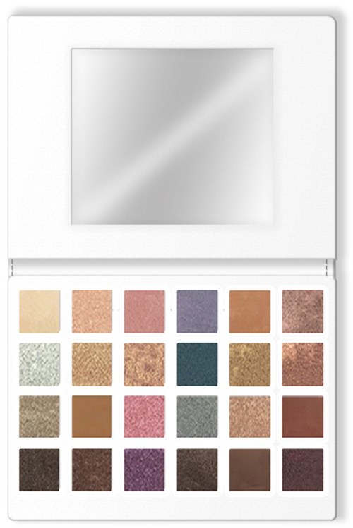Een wit make-up palette met veel gekleurde oogschaduwen en een spiegel in het deksel.
