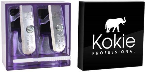 Twee kleine metalen gereedschappen in een paarse case, naast een zwarte doos met een olifantlogo en de tekst 'Kokie PROFESSIONAL.'