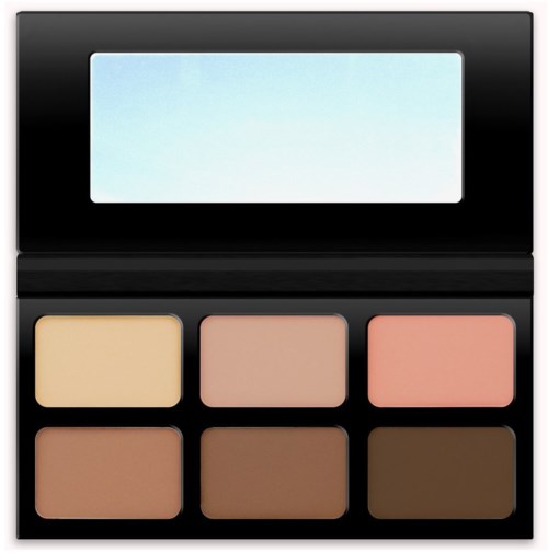 En makeup-palett med sex olika nyanser, arrangerade i två rader, med en spegel överst.