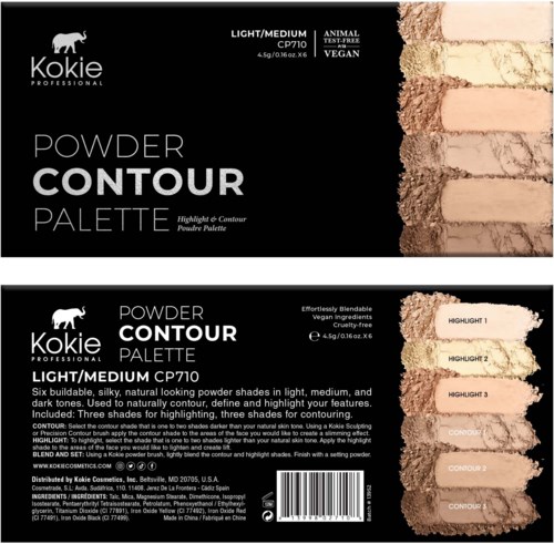 En svart box med vit text visar pudercontourpalett med sex nyanser. Det finns swatches av nyanser på höger sida.