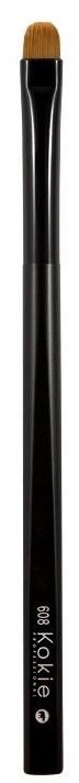 A long makeup brush with a black handle and brown bristles at the top.