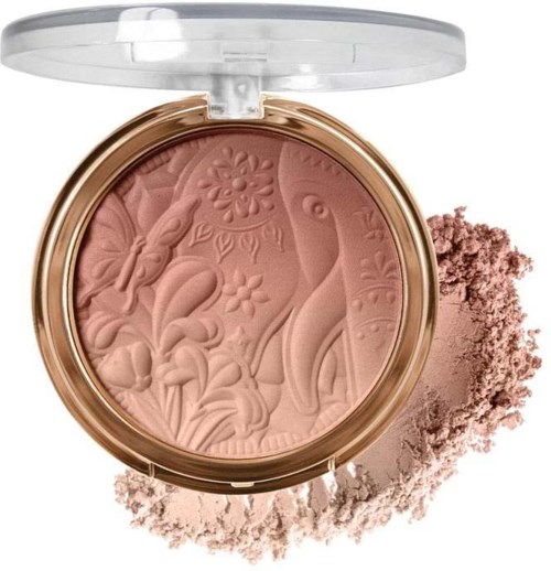 Ett rougekompakt med rosa pressad puder med djur- och blomstermotiv, med lite puder utanför.