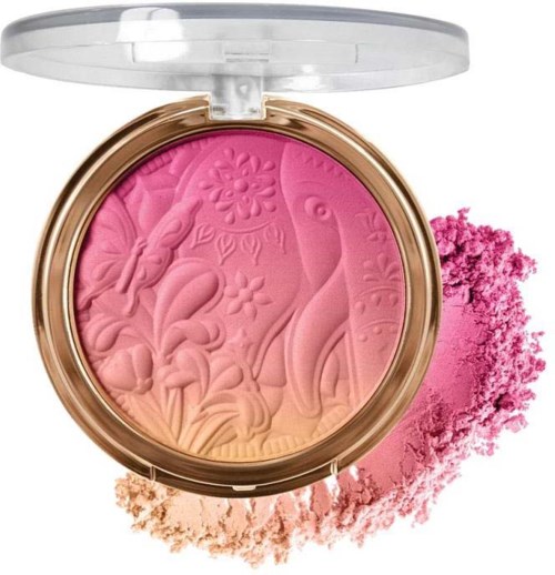 Färgglans blush med naturtema, rosa och persikofärgade nyanser, och ett genomskinligt lock.