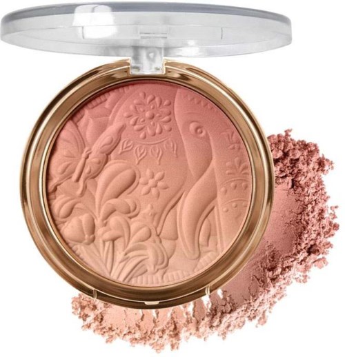 En compact med naturmotiv, rosa rouge inuti och löspuder utanför.