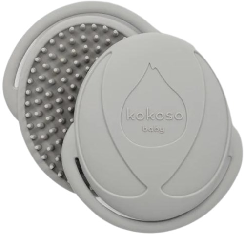 Round silicone case with a brand name, containing a textured massage surface with bumps.