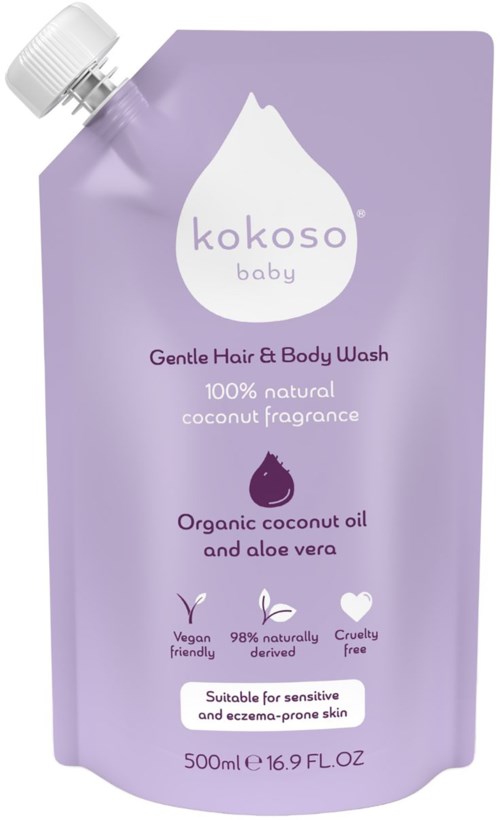 A lavender refill pouch of Kokoso Baby gentle hair and body wash with coconut and aloe vera, suitable for sensitive skin.