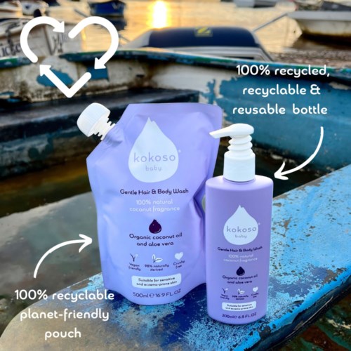 Recyclable baby hair and body wash in a pouch and bottle, made with natural ingredients. Environmentally friendly and reusable.