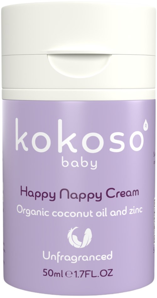 A small cylindrical container with a white lid and purple body, labeled 'kokoso baby Happy Nappy Cream' with natural ingredients.