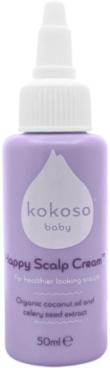 A purple bottle of Kokoso Baby Happy Scalp Cream with pump, containing organic coconut and celery seed extract for scalp health.