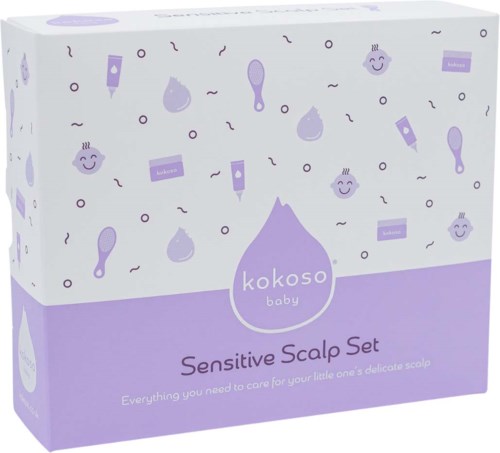 A box with purple and white design, featuring baby care items like combs and bottles, for sensitive scalp care.