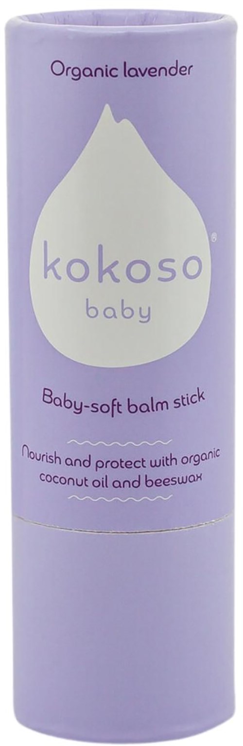 Ein hell-lila runder Stickbehälter mit Text über Bio-Lavendel und Kokosöl für Babys.