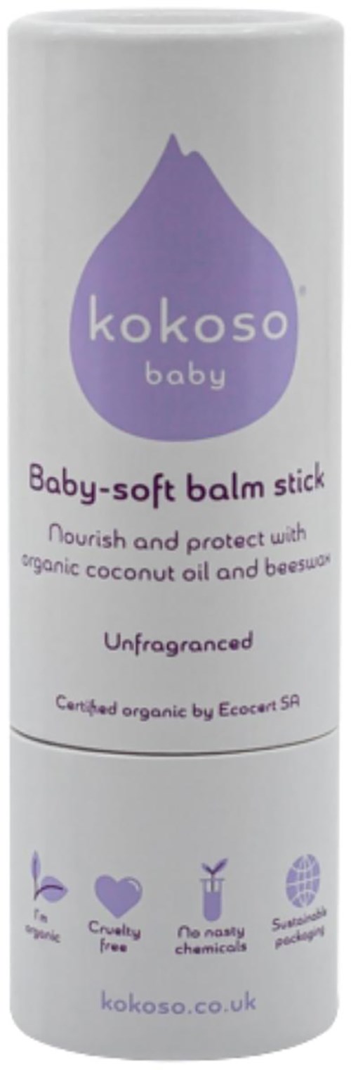 Ein weißer Behälter mit lila und schwarzem Text und Symbolen, der ein Baby-Balm-Stick mit organischem Kokosöl bewirbt.