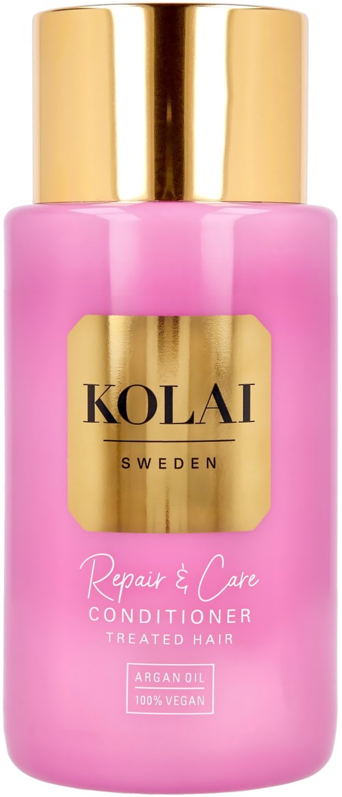 Pink conditioner bottle with a gold cap, labeled 'KOLAI Sweden, Repair & Care, Conditioner, Treated Hair, Argan Oil, 100% Vegan.'