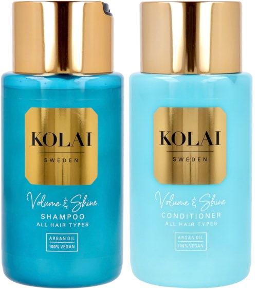 Two bottles of hair care products, one shampoo and one conditioner, in blue bottles with gold caps.