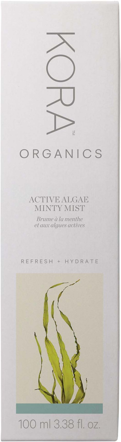 Weiße Box mit KORA ORGANICS-Logo, Produktname, Illustration von grüner Alge und Text zu Hydratation und Erfrischung.