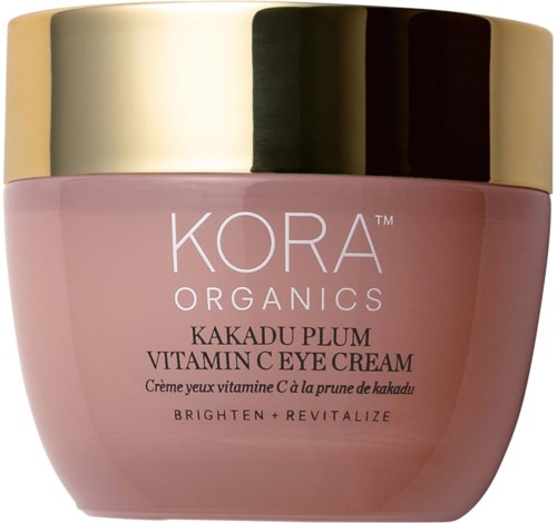 Kora Organics Augencreme in einem rosa Glas mit goldener Deckel, zum Aufhellen und Beleben der Haut.