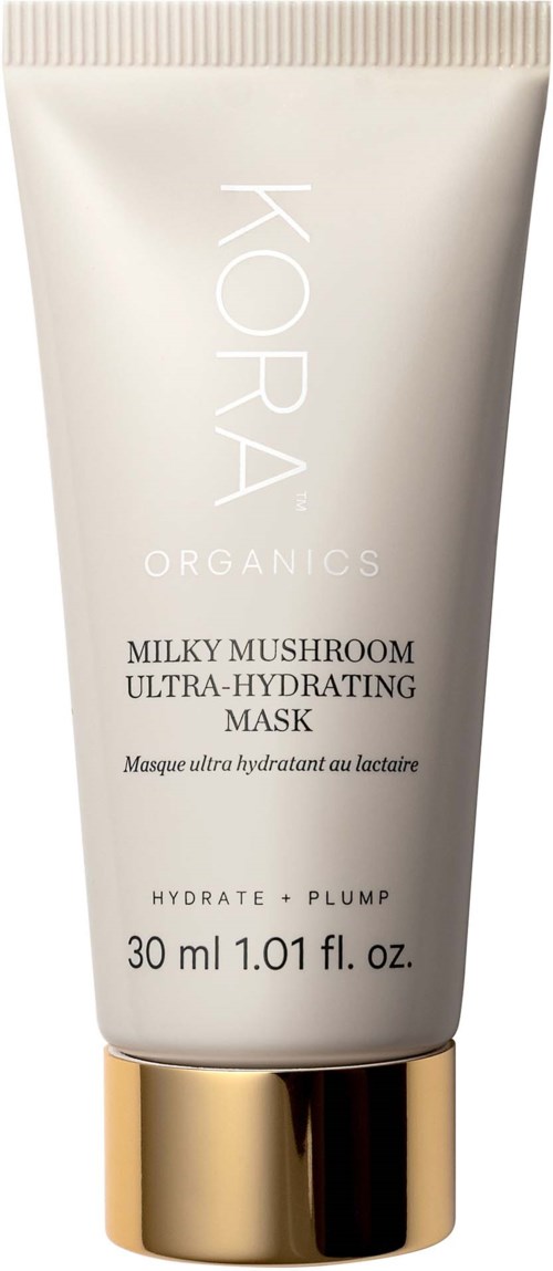 KORA Organics Milky Mushroom Ultra-Hydrating Mask, 30 ml, weiße Tube mit goldenen und schwarzen Akzenten.