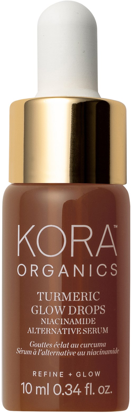 Glazen fles met witte druppelaar, gouden band en bruin label voor kurkuma glow drops serum.