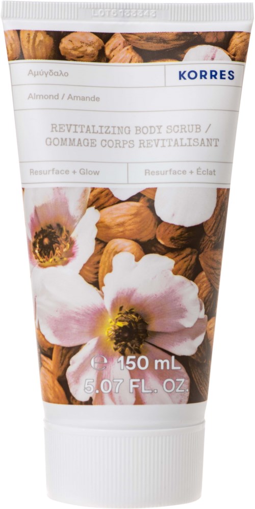 A hand cream tube with almonds and flowers on the label, labeled as revitalizing body scrub by Korres.