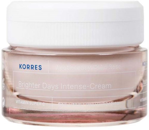 Een potje Korres Brightener Days Intense Cream met witte deksel en roze crème erin.