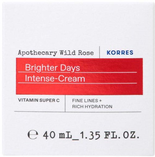 Huidverzorgingsproduct van Korres met Bright Days en Intense-Cream, bevat vitamine C, voor hydratatie en fijne lijnen.