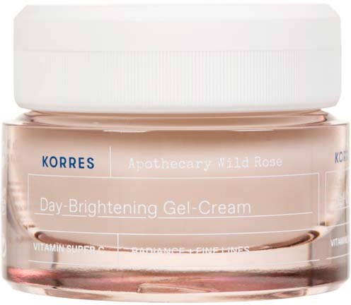 Een pot Korres Day-Brightening Gel-Cream met Wilde Roos en vitamines in een roze glazen pot.