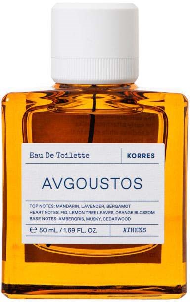 Mała prostokątna butelka z pomarańczową cieczą, etykieta mówi "Augustos" perfum, wyprodukowany w Atenach z nutami kwiatowymi i cytrusowymi.