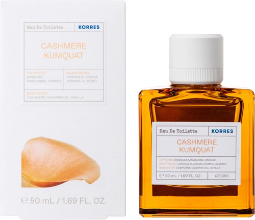 A small orange perfume bottle and white box labeled 'Cashmere Kumquat' with fruit notes listed.