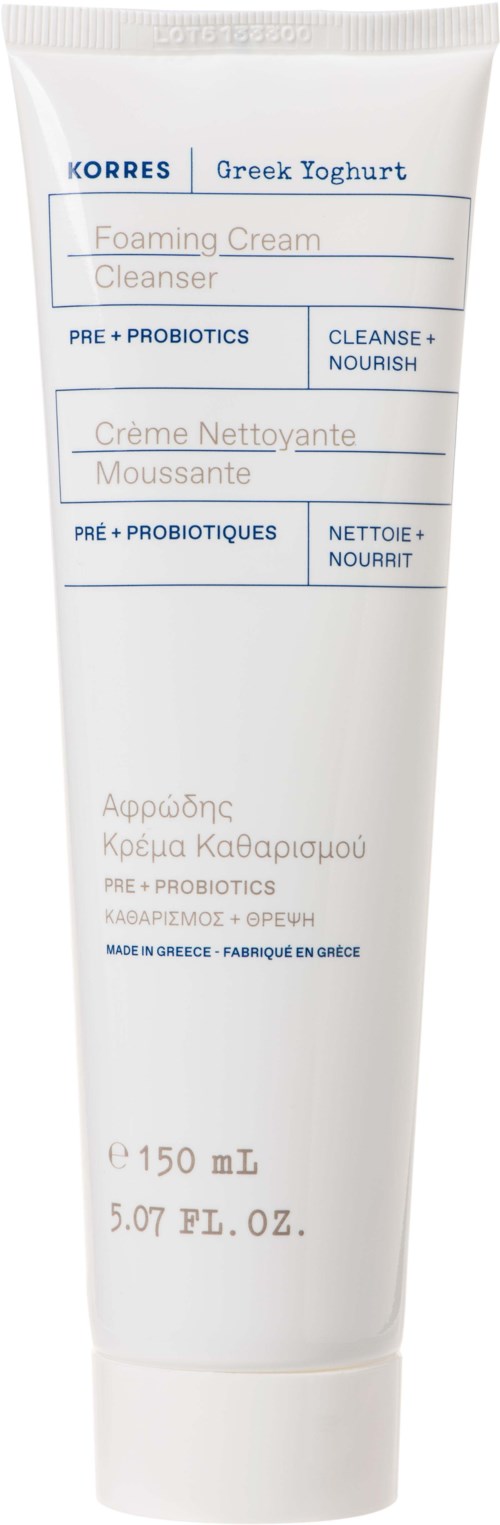 A white tube of Korres Greek Yoghurt cleansing cream with blue text, showing product details and volume.