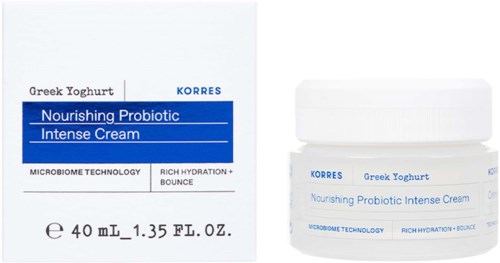 Valkoinen purkki ja laatikko Korres Nourishing Probiotic Intense Cream -tuotteelle ihon kosteutukseen ja kimmoisuuteen.