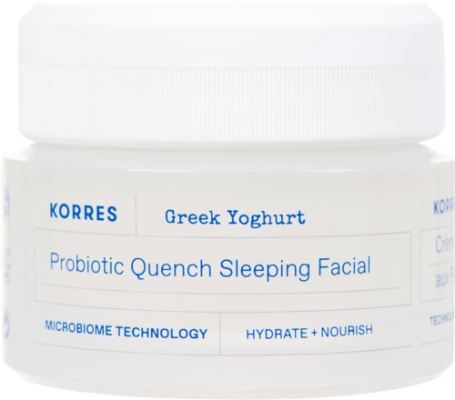 A white jar labeled 'Korres Greek Yoghurt' with details about probiotic quench sleeping facial and benefits.