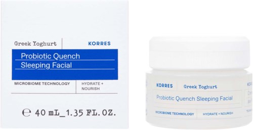 KORRES Greek Yoghurt Probiotic Quench Sleeping Facial and its packaging are shown, with blue and white colors and product details.