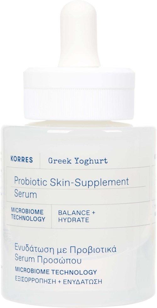 A white bottle with a dropper cap, labeled as probiotic skin supplement serum for face and hydration.