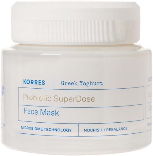 A white jar with a label that says Krores Greek Yoghurt Probiotic SuperDose Face Mask, mentioning microbiome technology and nourishment.