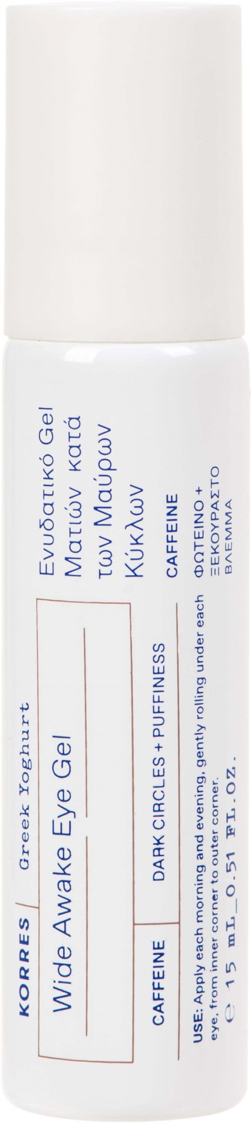 A white bottle of eye gel with blue text, contains a product named 'Wide Awake Eye Gel' by Korres.