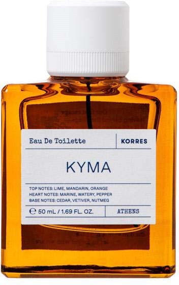 A small orange bottle with a white cap, labeled 'Kyma' perfume, contains 50 ml of scent.