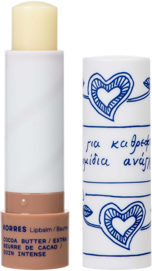 Lip balm tube with white and beige colors, some blue handwritten text and heart designs on the cap.