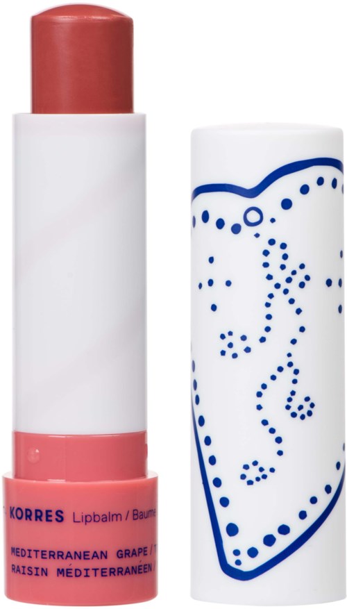 Lip balm with a red tint, in a white tube labeled 'Korres Mediterranean Grape'.