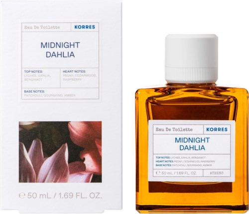 A small orange perfume bottle with a white cap and a label, next to a white box with text and a flower image.