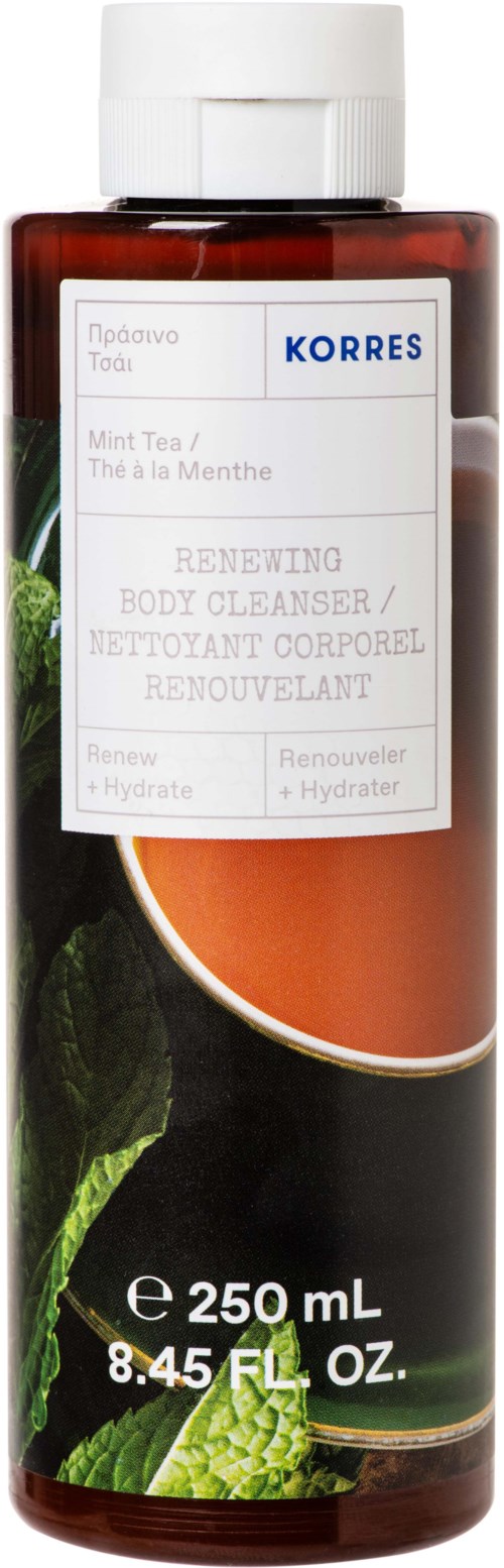 A bottle of Korres mint tea body cleanser, 250 mL, with a white cap and green mint leaves on the label.