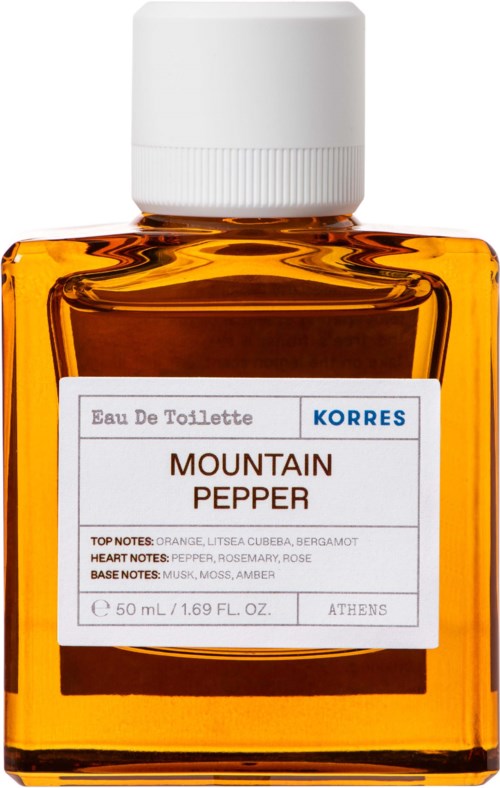 Mała pomarańczowa butelka perfumowana oznaczona 'Mountain Pepper' z białą nakrętką.