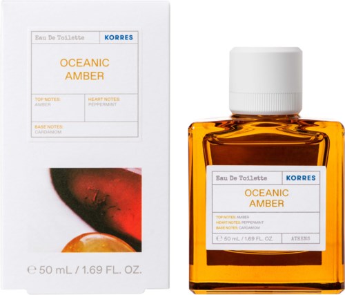 A small amber perfume bottle and matching box with label details for Oceanic Amber scent.